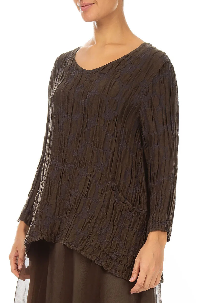 Side Pockets Truffle Brown Circle Silk Linen Blouse 3