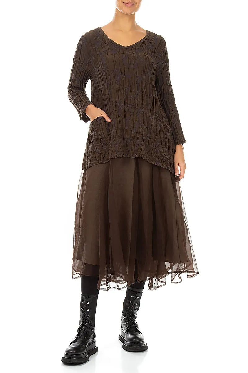 Side Pockets Truffle Brown Circle Silk Linen Blouse 4