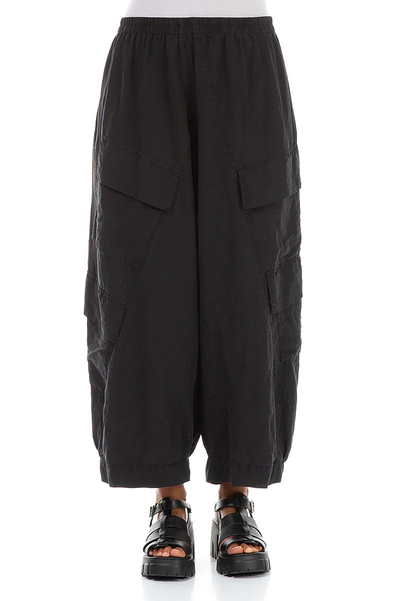 Side Pockets Wide Black Silk Linen Trousers 1
