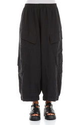 Side Pockets Wide Black Silk Linen Trousers 1