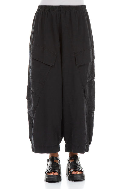 Side Pockets Wide Black Silk Linen Trousers 1