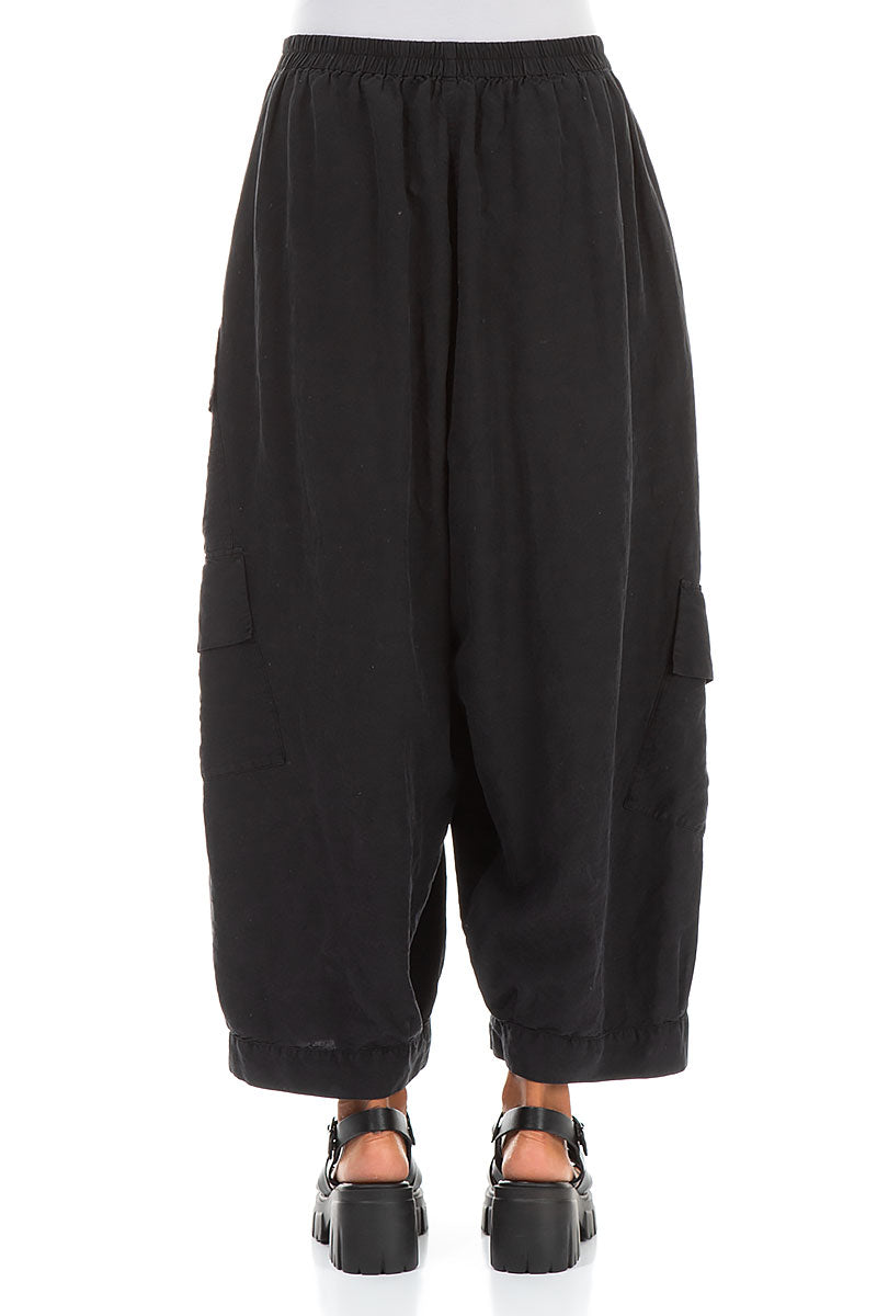 Side Pockets Wide Black Silk Linen Trousers 2