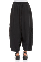 Side Pockets Wide Black Silk Linen Trousers 2