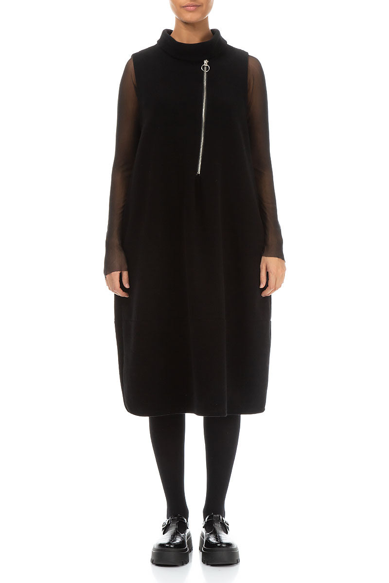 Cowl Neck Side Zip Black Cotton Jersey Dress 1