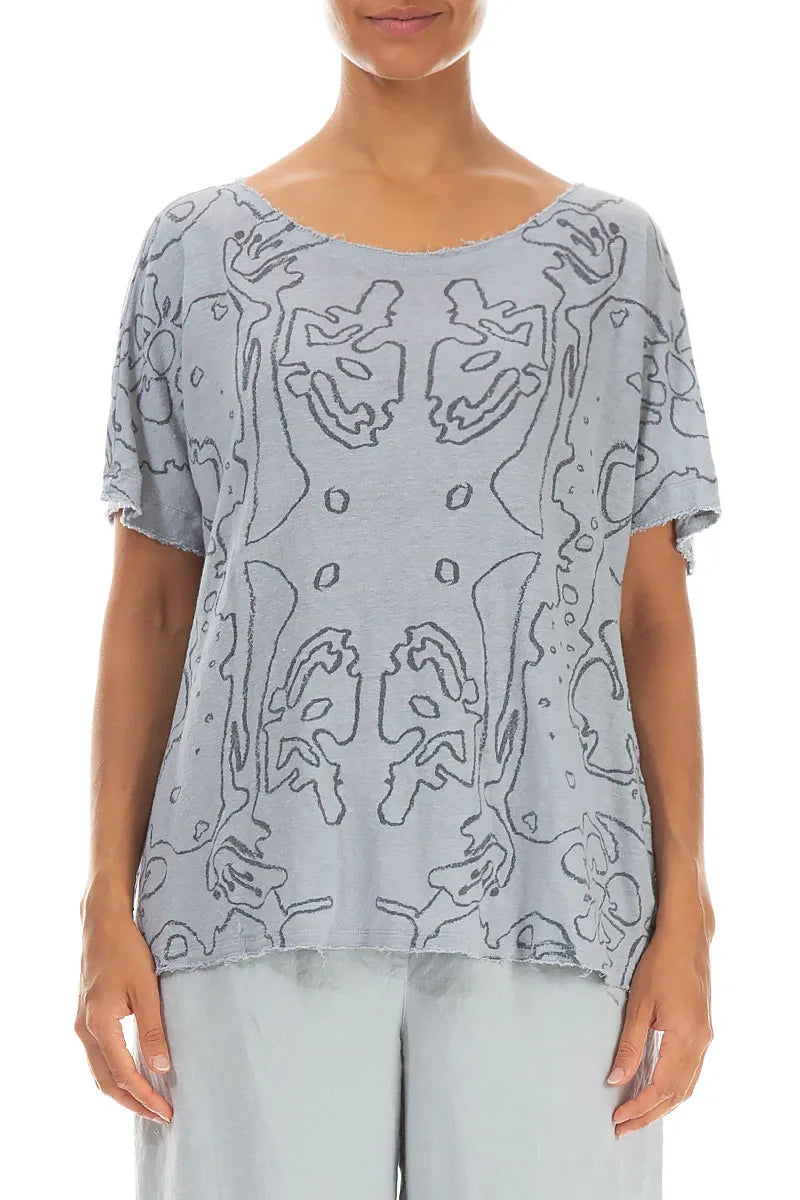 Silbergraues Leinen-Jersey-Oberteil mit Blumenmuster