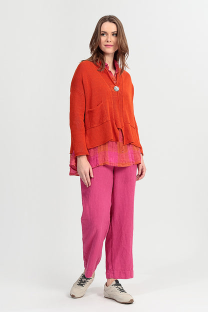 Single Button Flame Orange Linen Cardigan 1