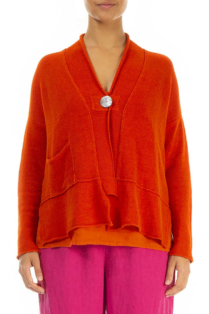 Single Button Flame Orange Linen Cardigan 2