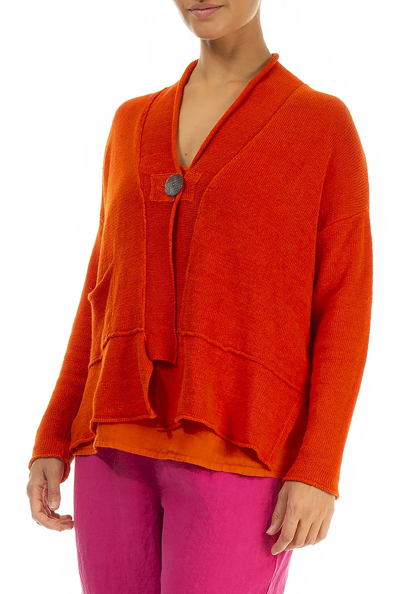Single Button Flame Orange Linen Cardigan 4