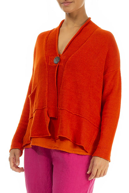 Single Button Flame Orange Linen Cardigan 4