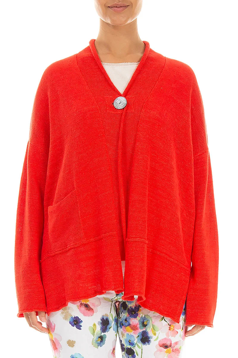 Single Button Red Linen Cardigan 1