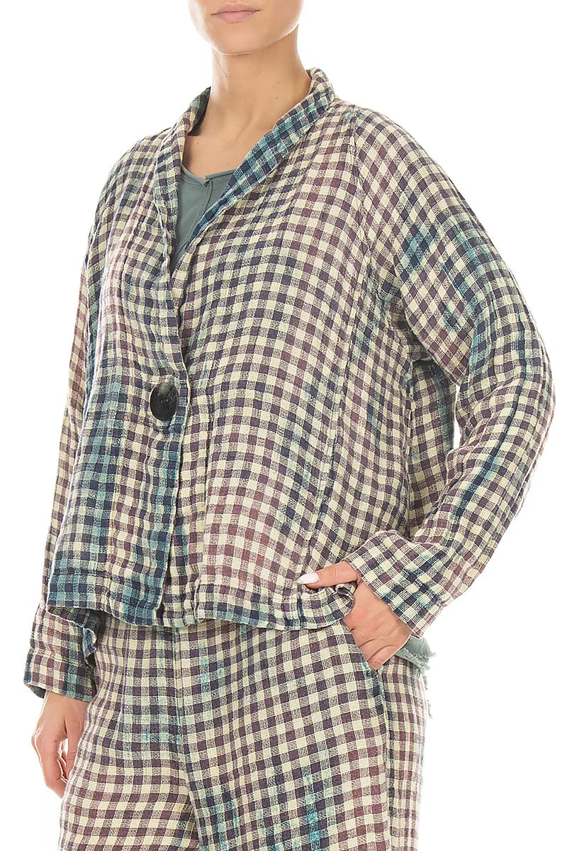 Single Button Watercolour Check Linen Jacket 3