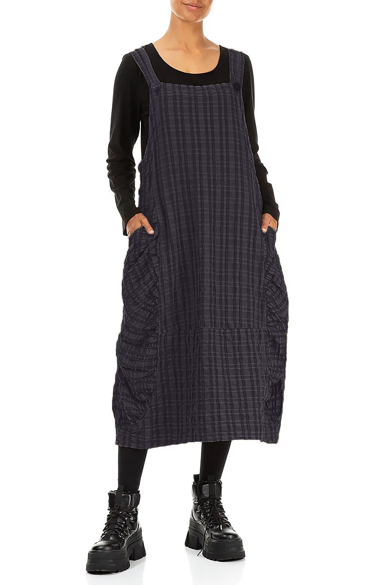 Slate Blue Checkered Linen Cotton Pinafore Dress 4