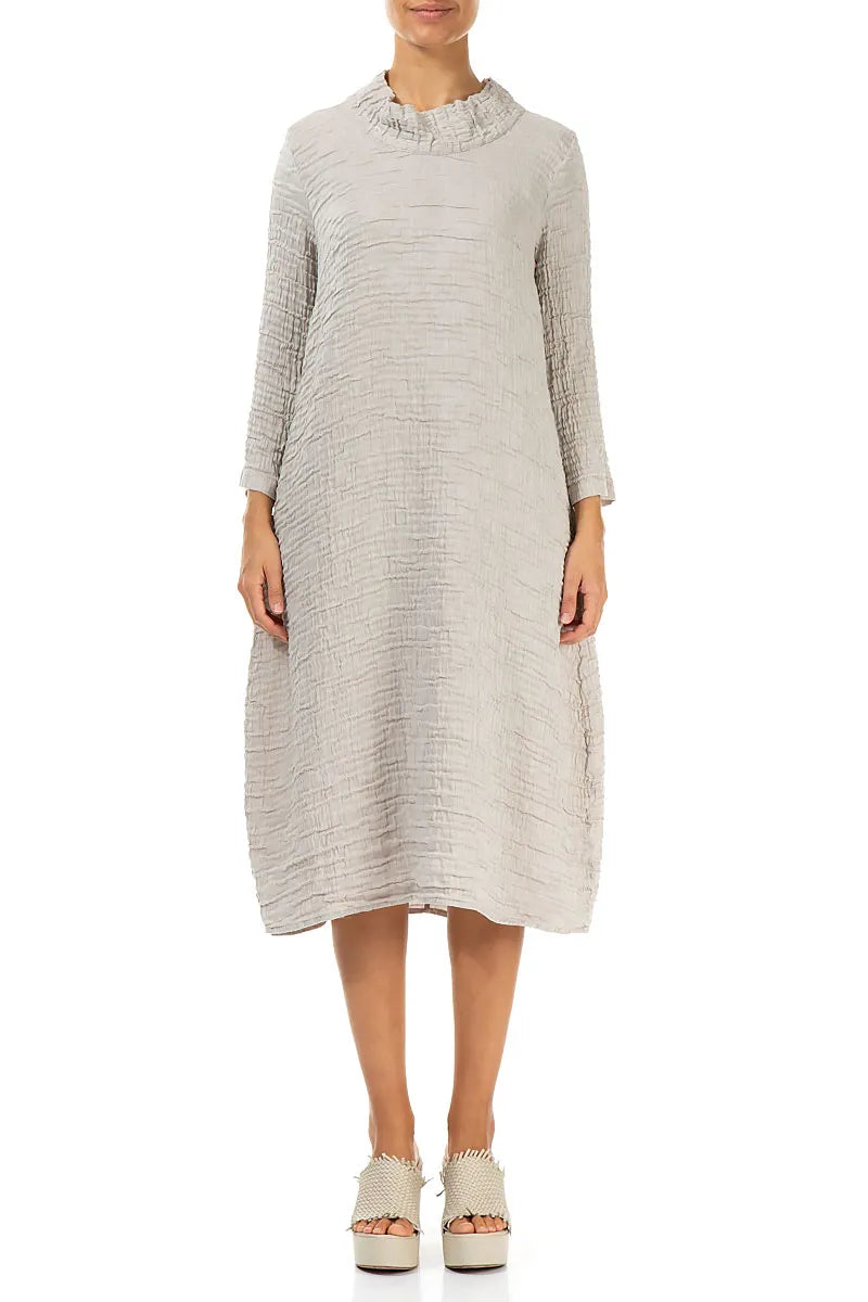 Sleeved Cowl Neck Beige Crinkled Silk Linen Dress 1