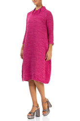 Sleeved Cowl Neck Fuchsia Crinkled Silk Linen Dress 3