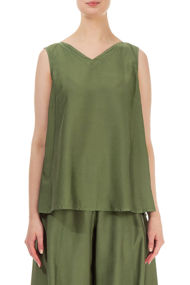 Sleeveless V-Neck Dark Sage Silk Bamboo Top 2