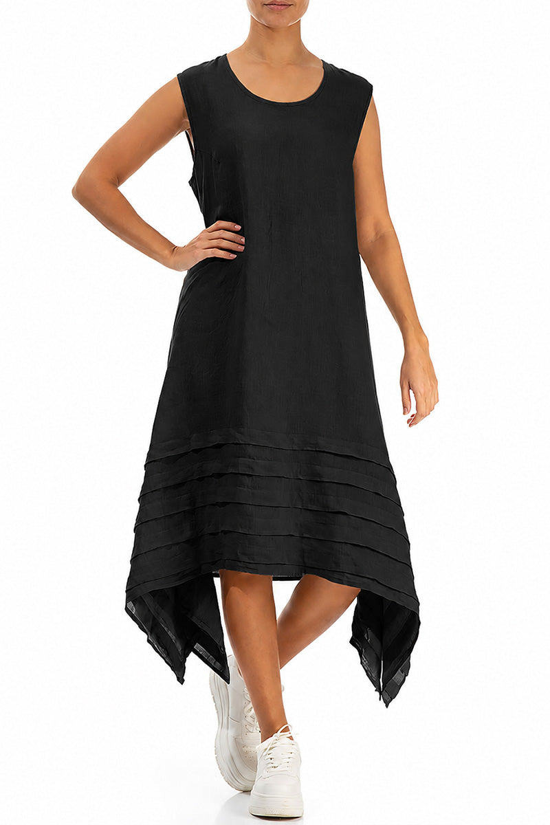 Sleeveless Asymmetric Black Linen Dress