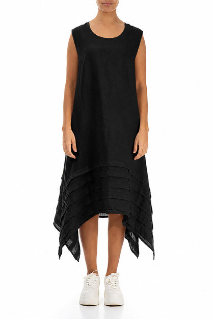 Sleeveless Asymmetric Black Linen Dress