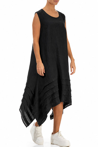 Sleeveless Asymmetric Black Linen Dress