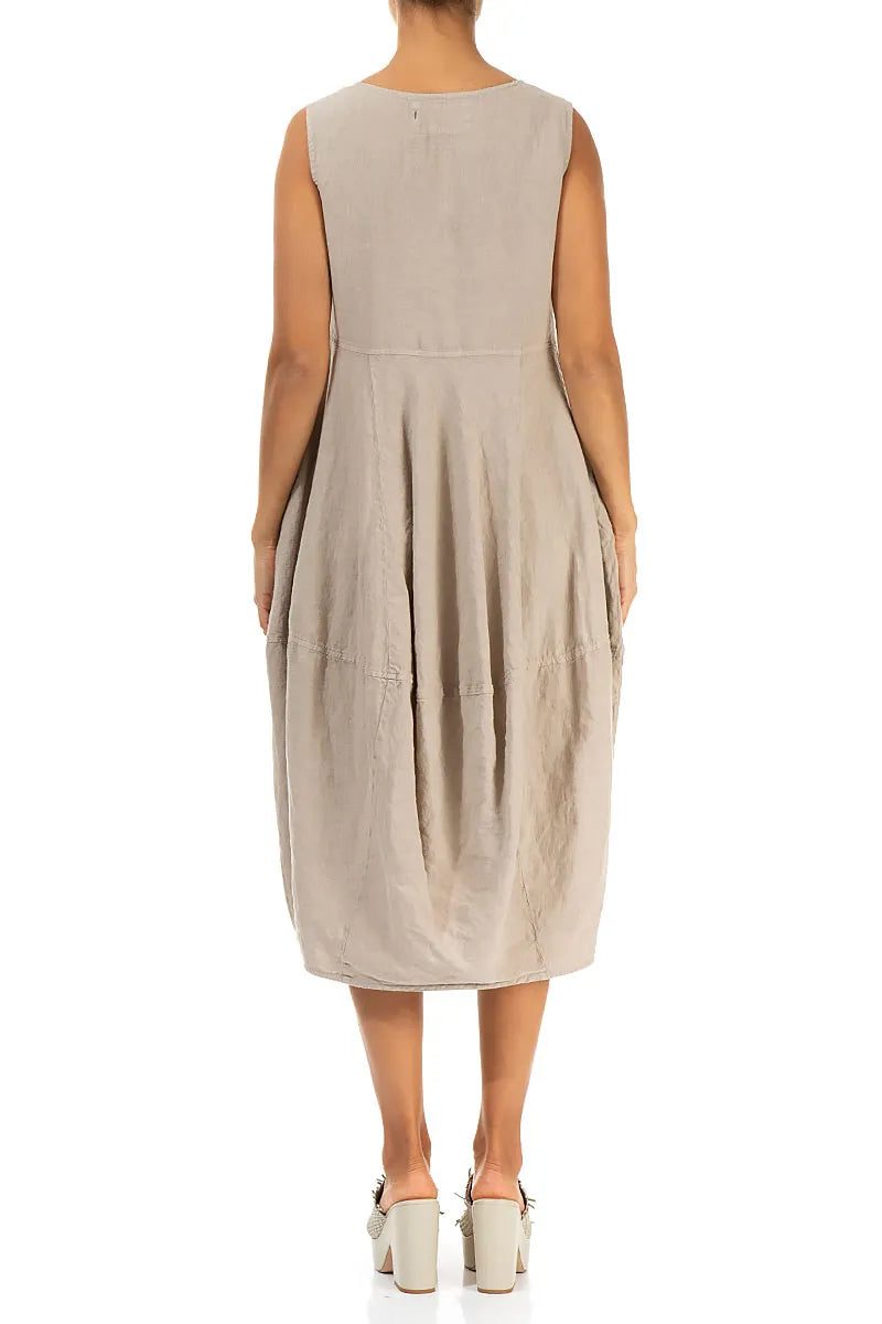 Sleeveless Balloon Beige Linen Dress 2
