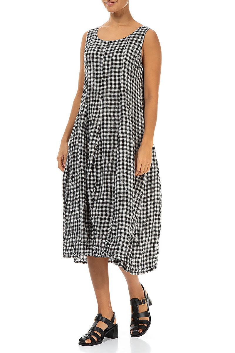 Sleeveless Balloon Black &amp; White Check Linen Dress 3