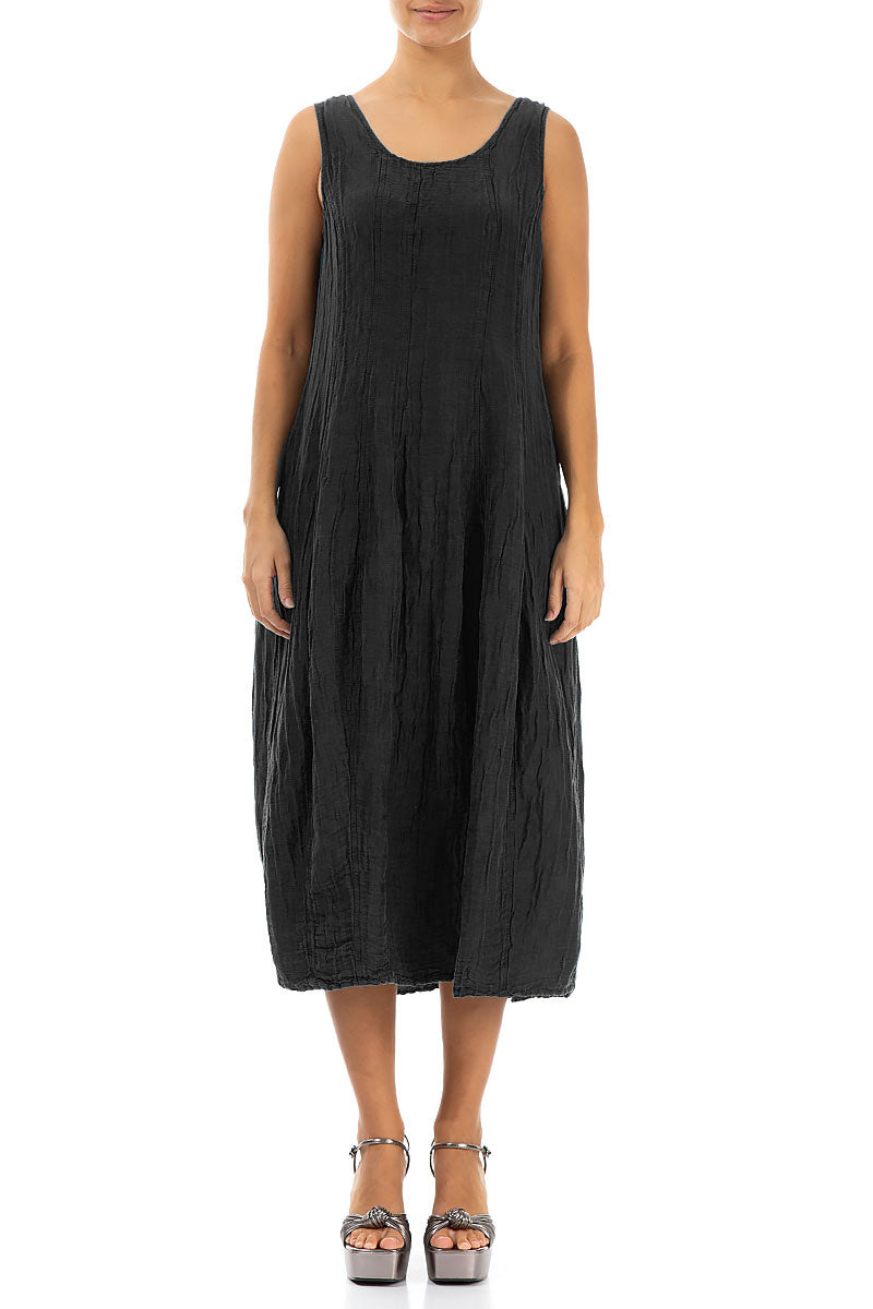 Sleeveless Balloon Crinkled Black Silk Linen Dress 1