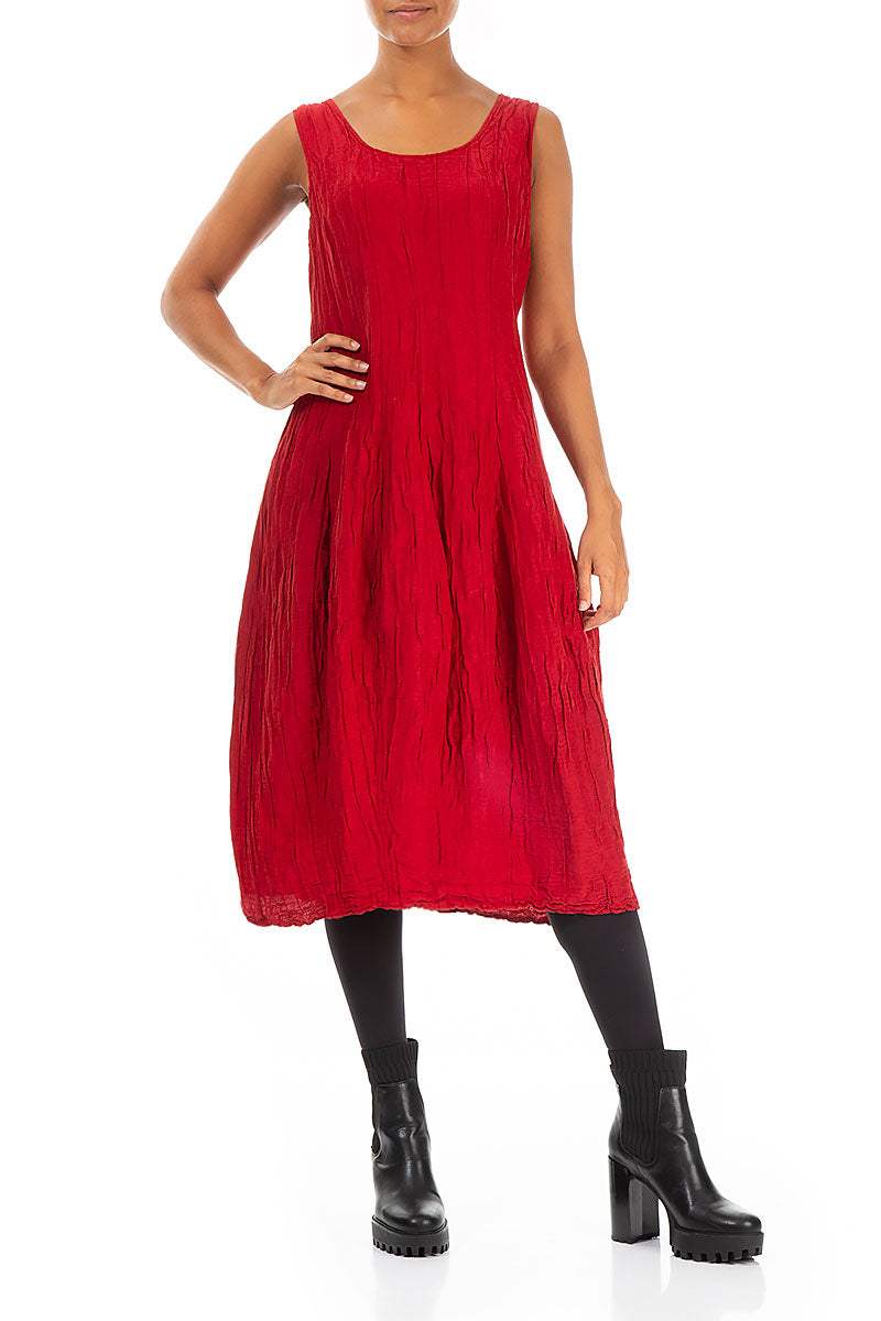 Sleeveless Balloon Crinkled Cherry Red Silk Linen Dress 3