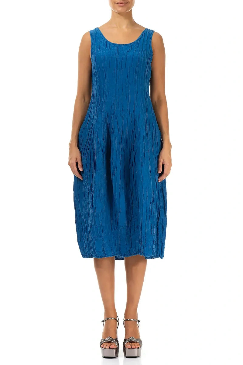 Sleeveless Balloon Crinkled Cobalt Blue Silk Linen Dress 1