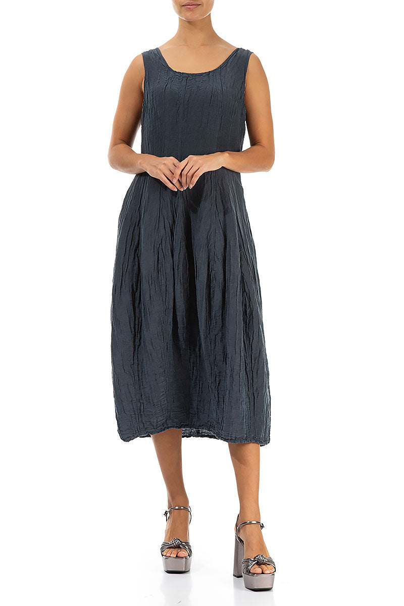 Sleeveless Balloon Crinkled Graphite Silk Linen Dress 4