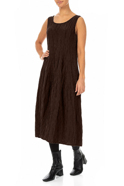 Sleeveless Balloon Crinkled Truffle Brown Silk Linen Dress