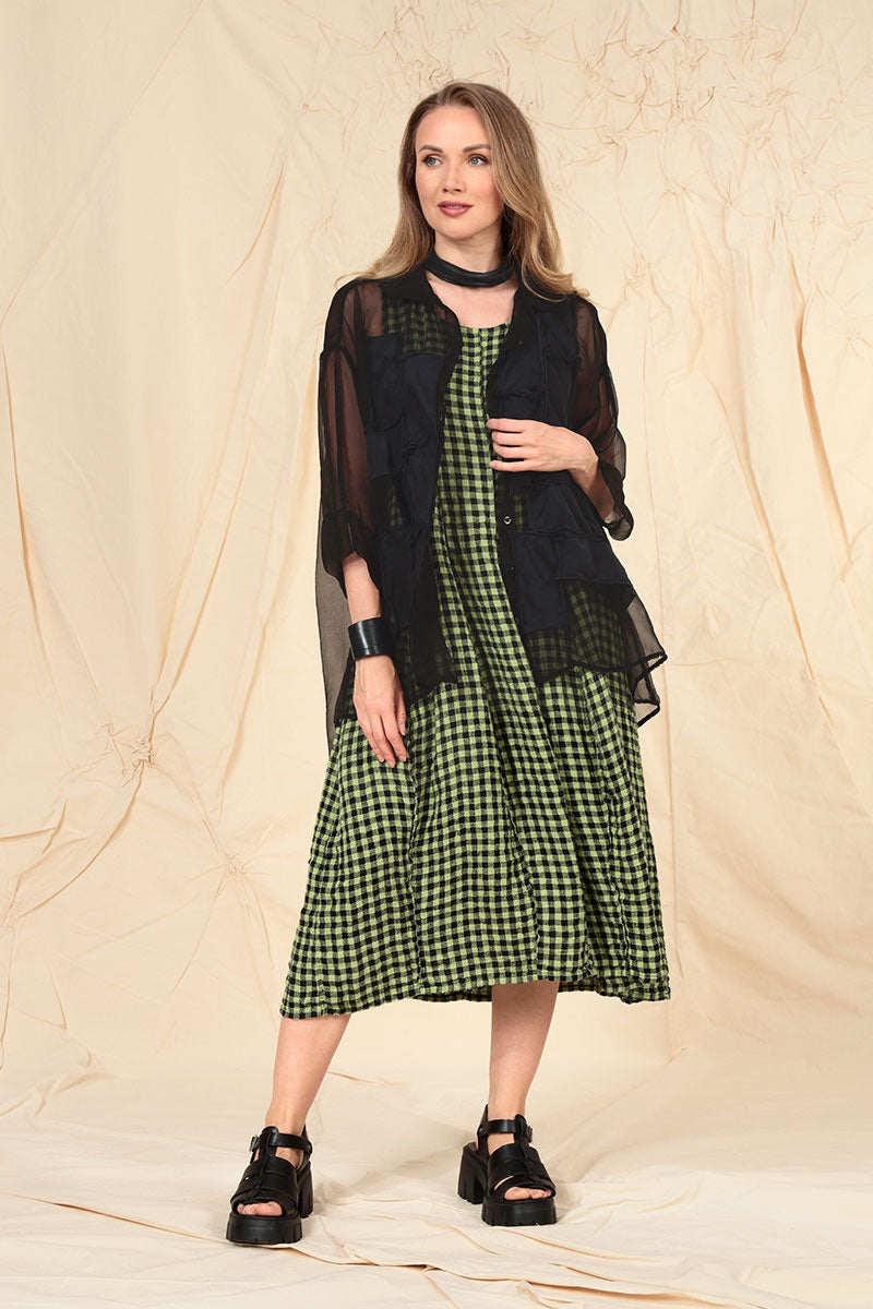 Sleeveless Balloon Lime Check Linen Dress 6