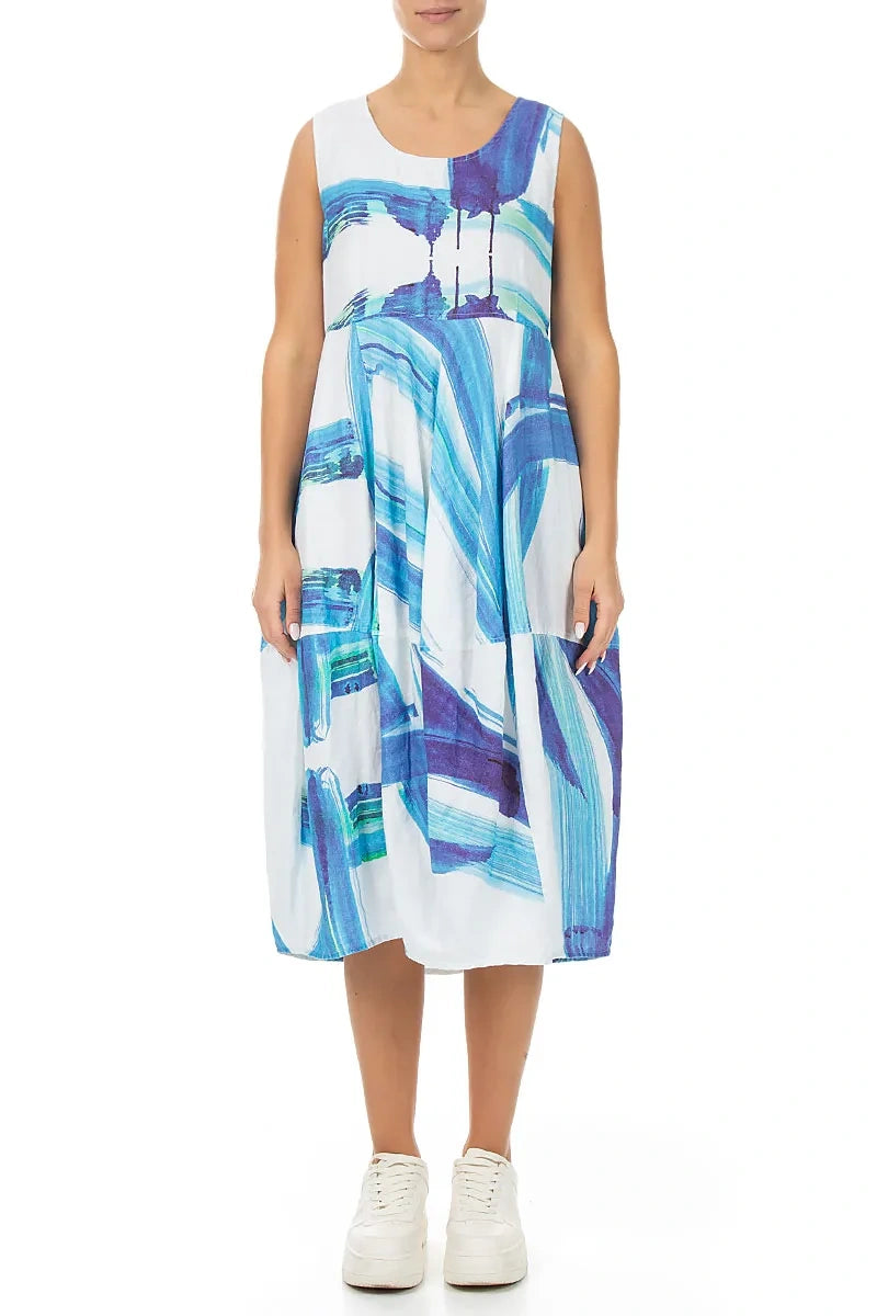 Sleeveless Balloon Marine Brushstroke Linen Dress