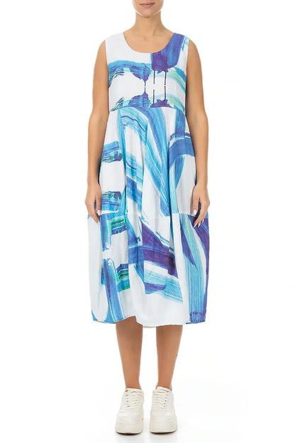 Sleeveless Balloon Marine Brushstroke Linen Dress