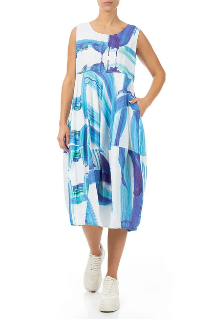 Sleeveless Balloon Marine Brushstroke Linen Dress
