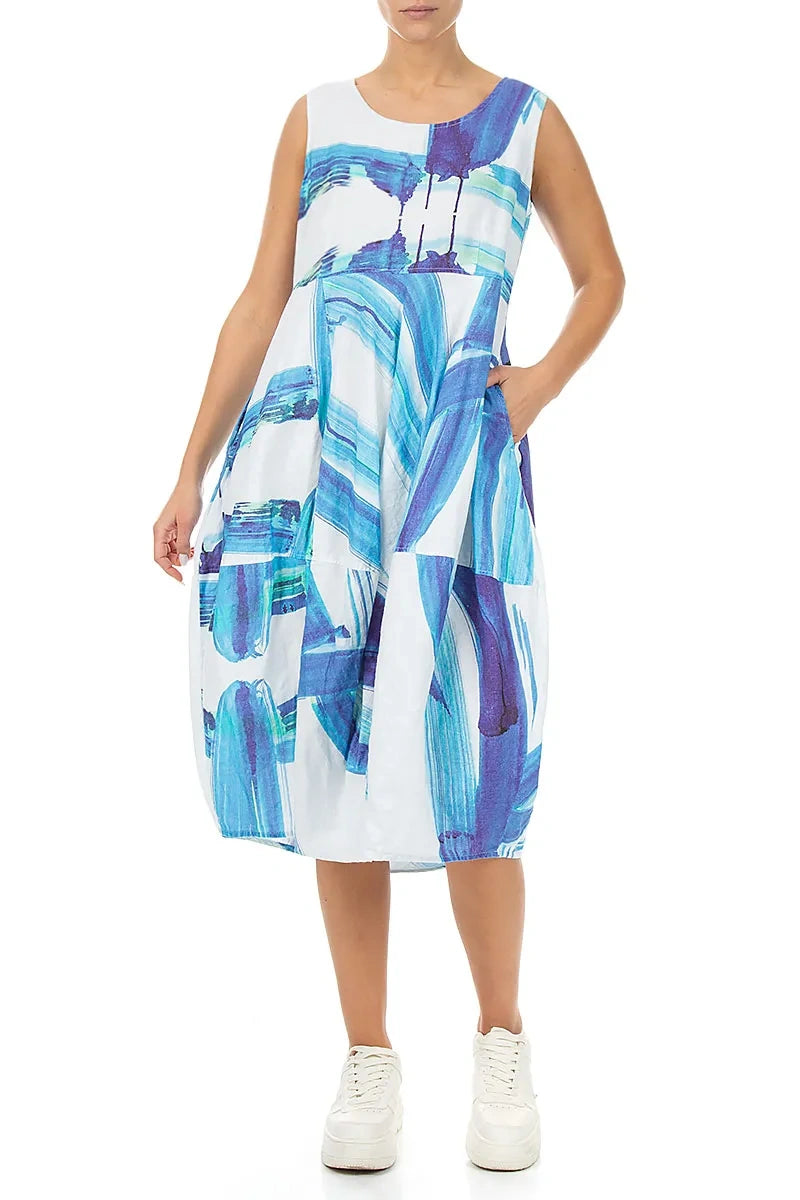 Sleeveless Balloon Marine Brushstroke Linen Dress