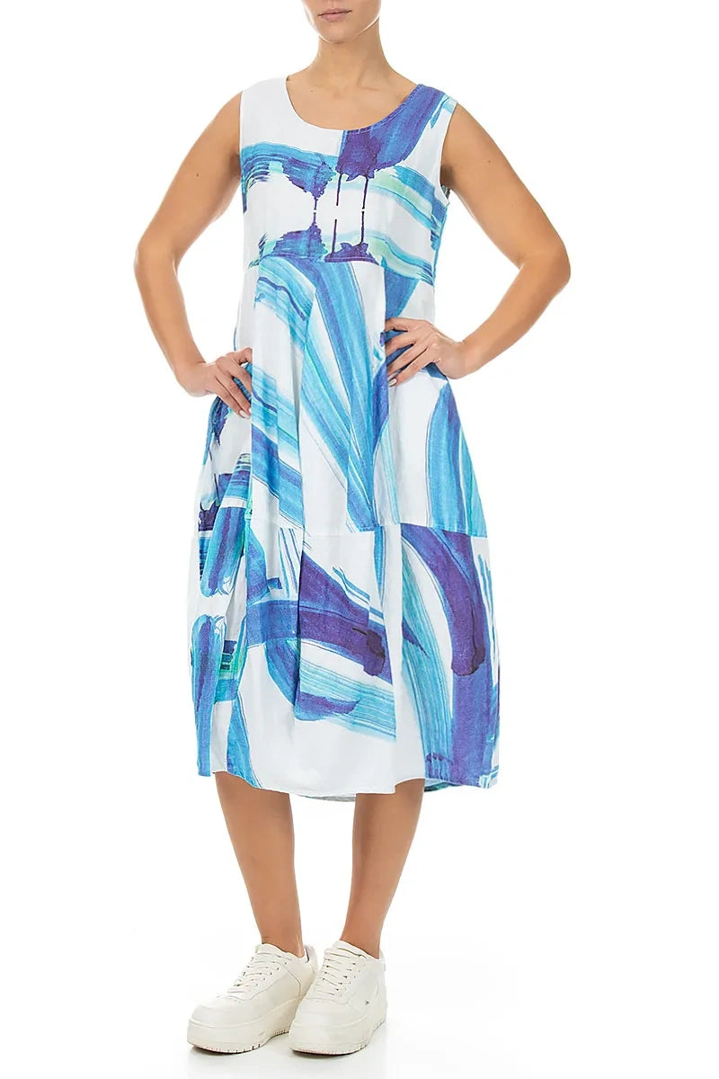 Sleeveless Balloon Marine Brushstroke Linen Dress
