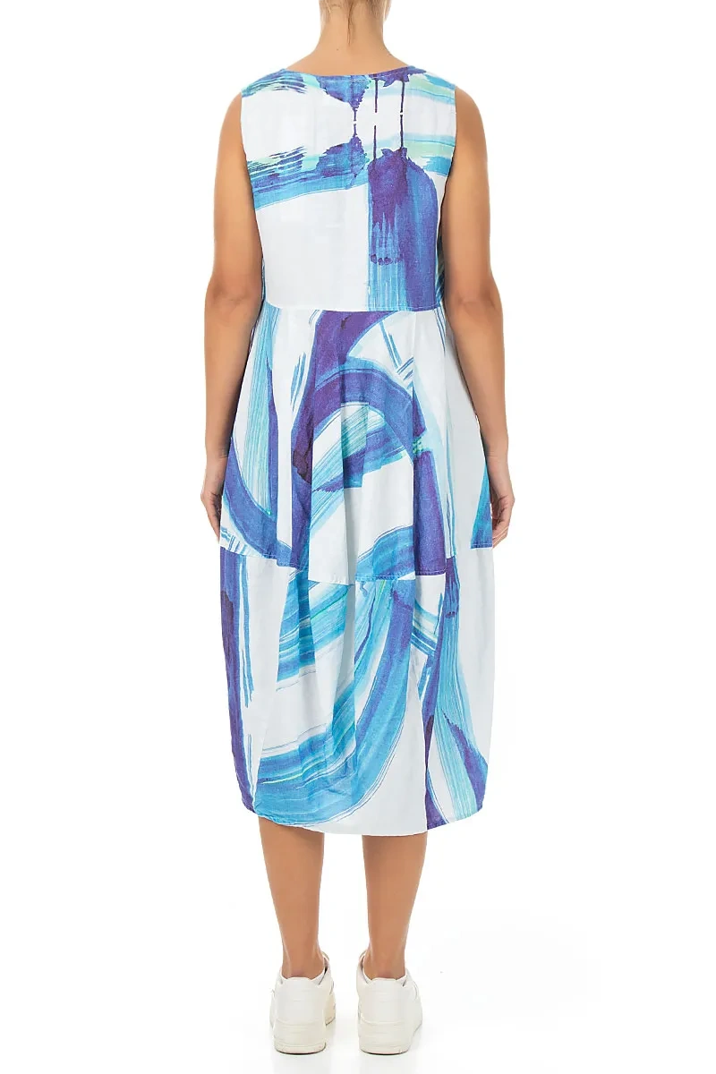 Sleeveless Balloon Marine Brushstroke Linen Dress