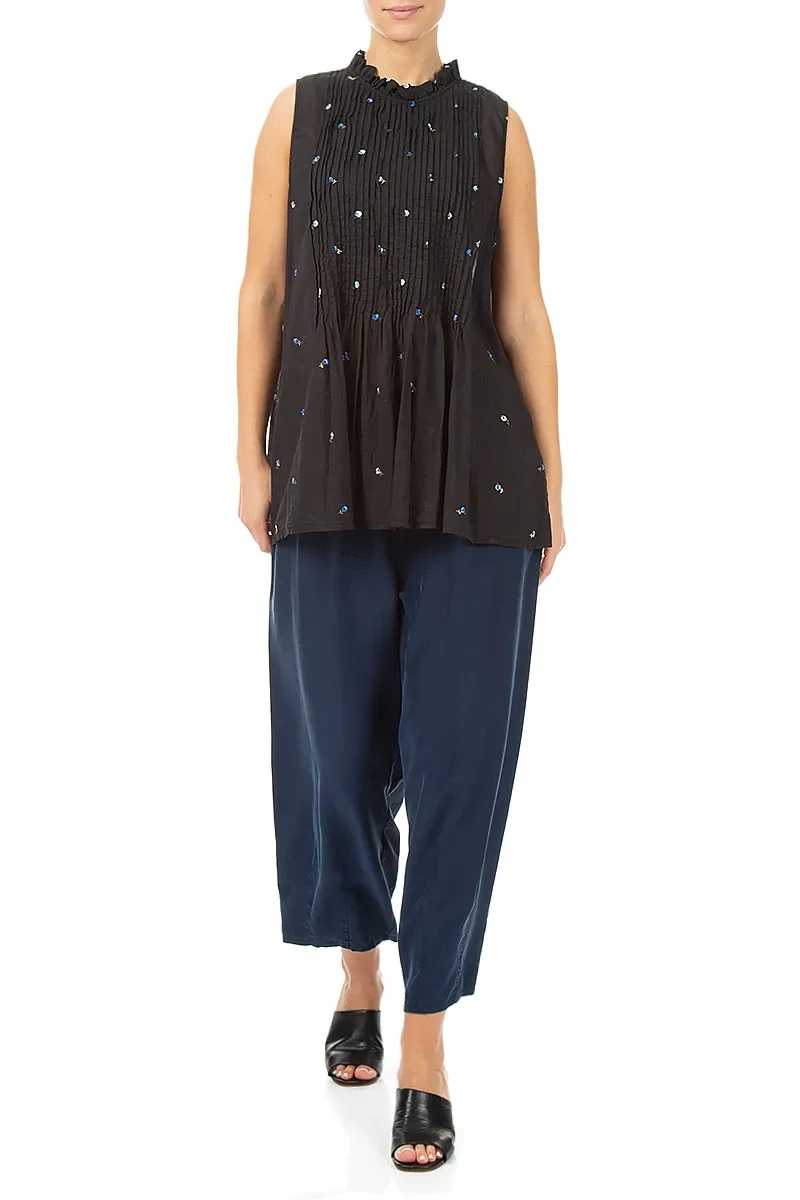 Sleeveless Black Embroidered Petals Cotton Blouse 4