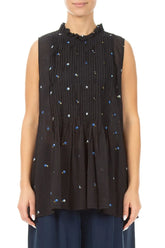 Sleeveless Black Embroidered Petals Cotton Blouse 1