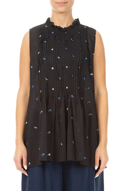 Sleeveless Black Embroidered Petals Cotton Blouse 1