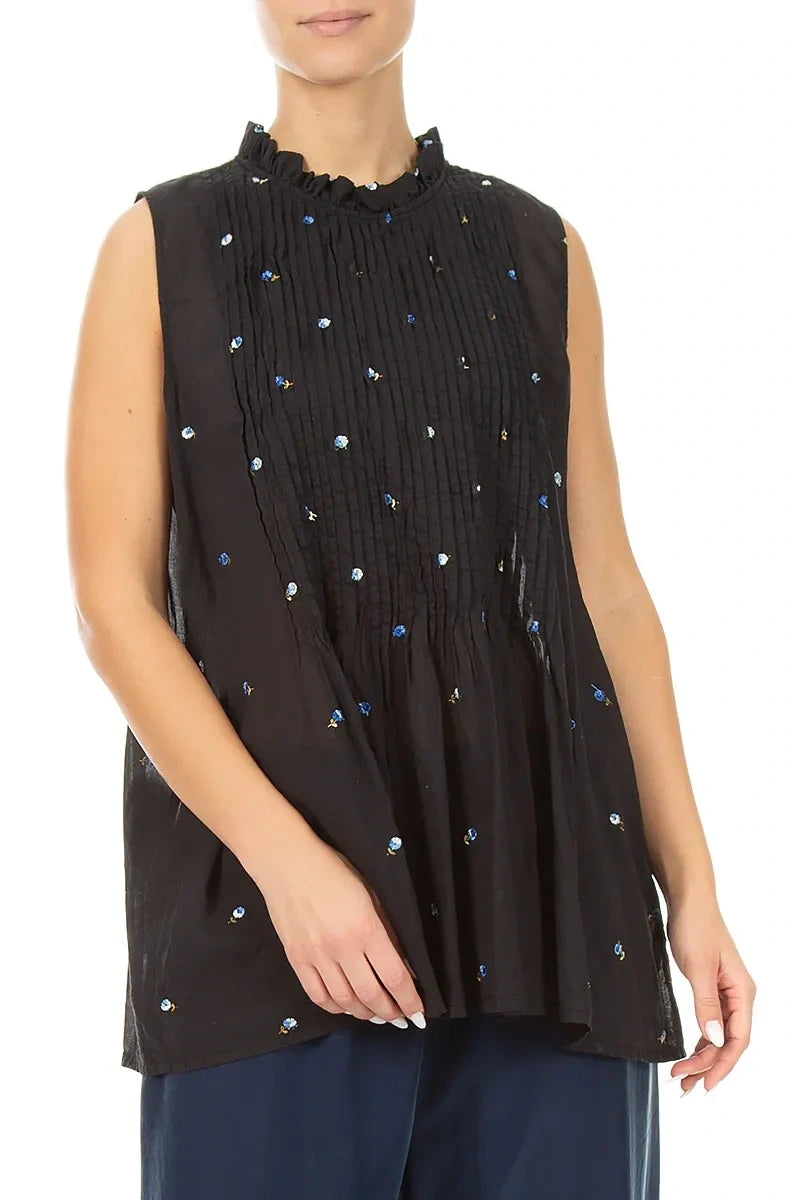 Sleeveless Black Embroidered Petals Cotton Blouse 3