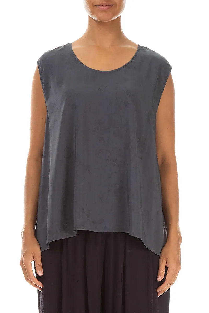 Ärmellose Bluse aus Seide und Bambus mit Blossom Graphite Muster