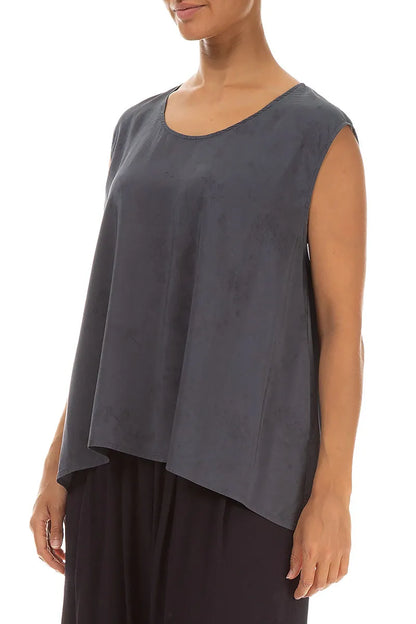 Ärmellose Bluse aus Seide und Bambus mit Blossom Graphite Muster