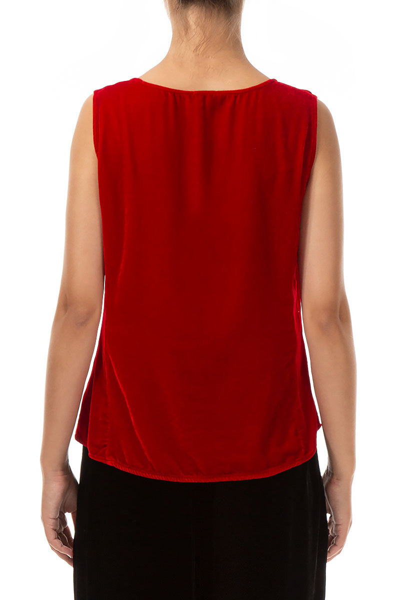 Chemisier sans manches en velours de soie rouge cerise