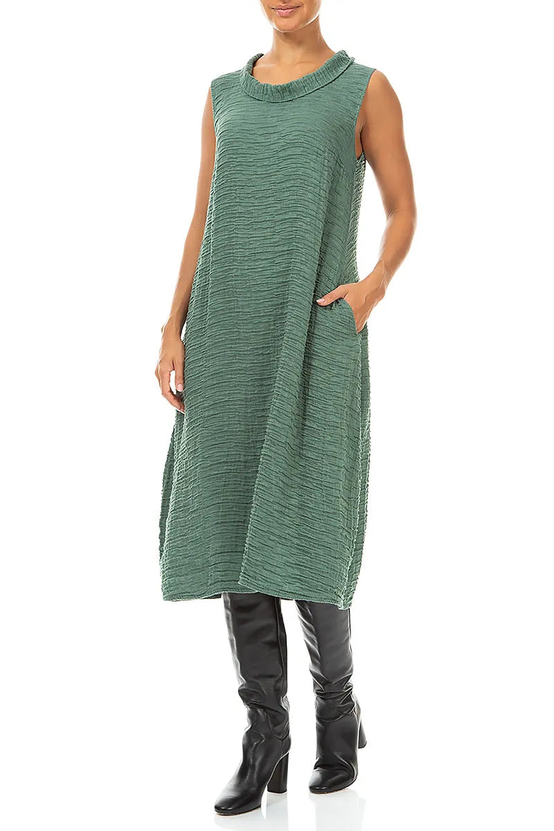 Sleeveless Cowl Neck Crinkled Sage Silk Dress 4