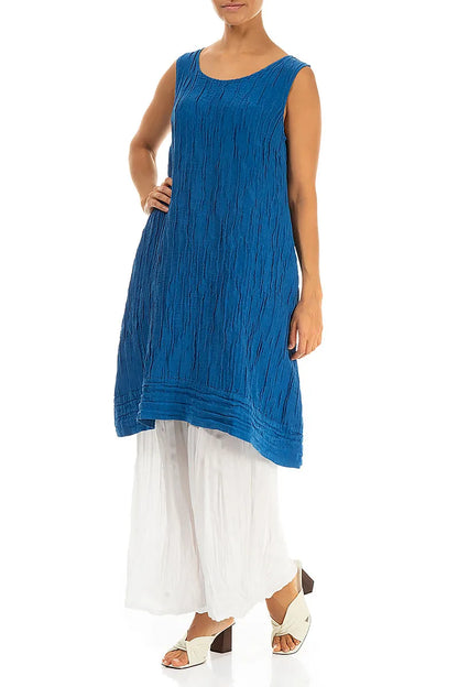 Sleeveless Crinkled Cobalt Blue Silk Linen Tunic Dress 3