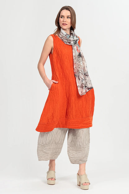 Ärmelloses Tunikakleid aus geknitterter Seidenleinenmischung in Flammenorange
