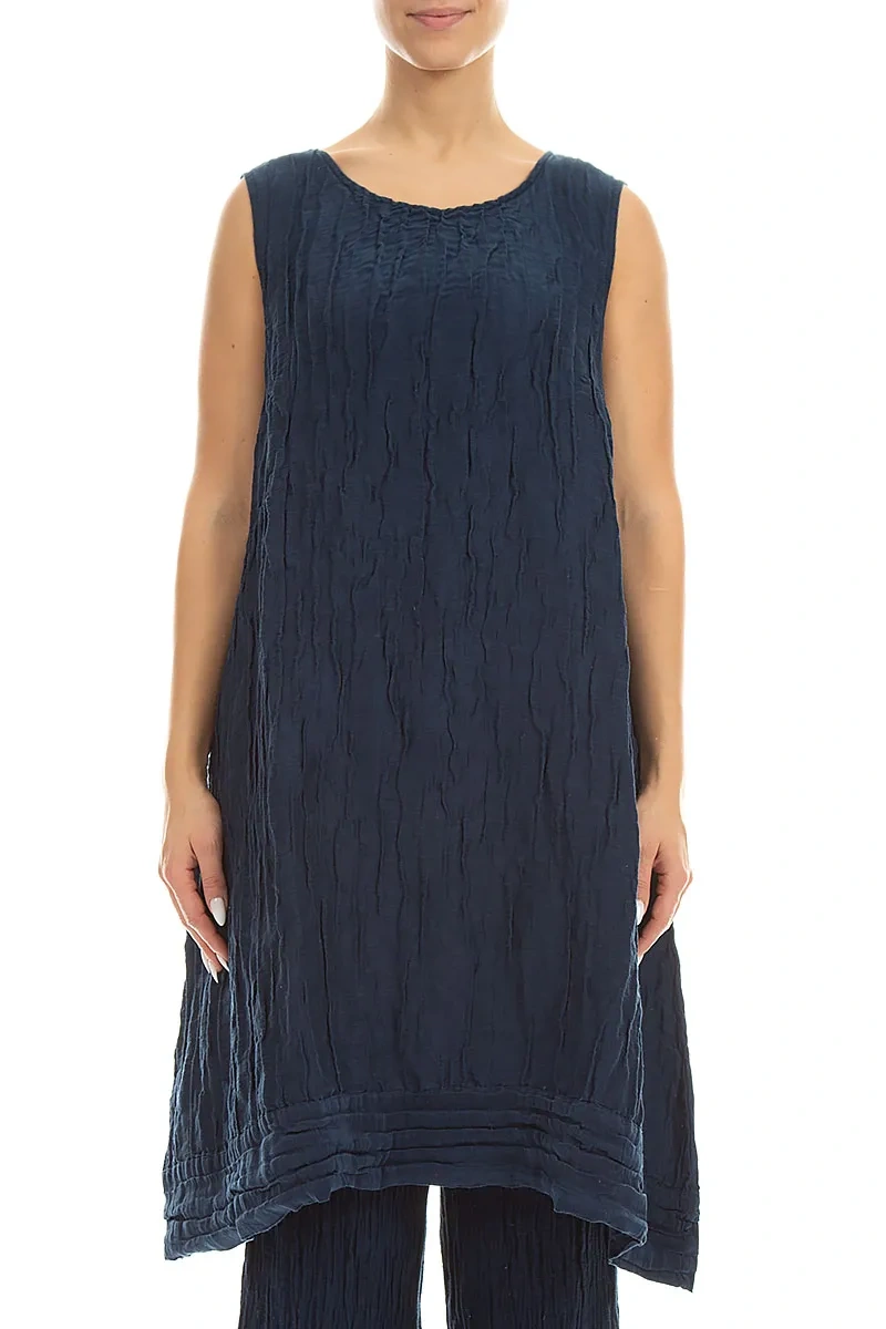 Sleeveless Crinkled Navy Silk Linen Tunic Dress 1