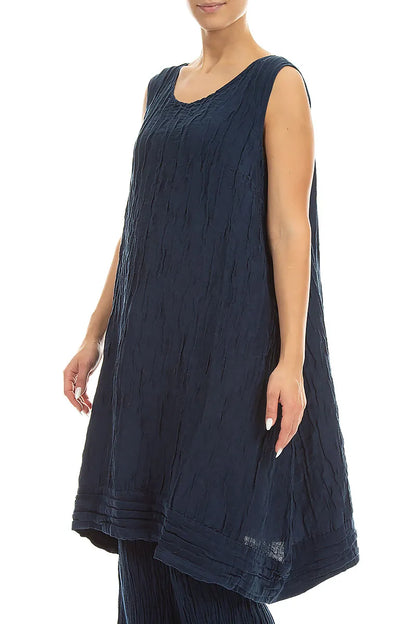 Sleeveless Crinkled Navy Silk Linen Tunic Dress 3