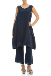 Sleeveless Crinkled Navy Silk Linen Tunic Dress 4