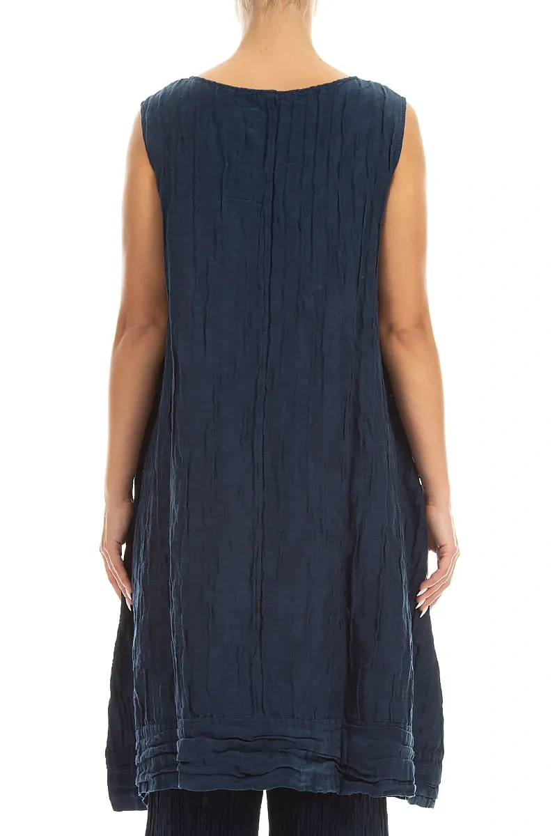 Sleeveless Crinkled Navy Silk Linen Tunic Dress 2